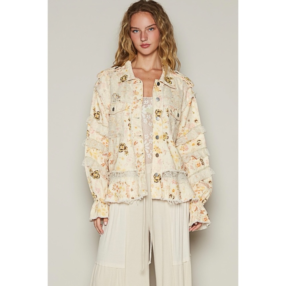 POL Cream Floral Twill and Lace Patchwork Jacket | Button Front - Picture 9 of 9